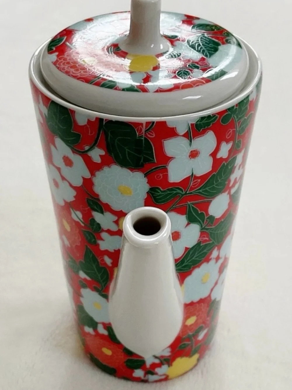 Vintage Made in Spain Floral Ceramic Coffee Pot Teapot Red White Cottagecore